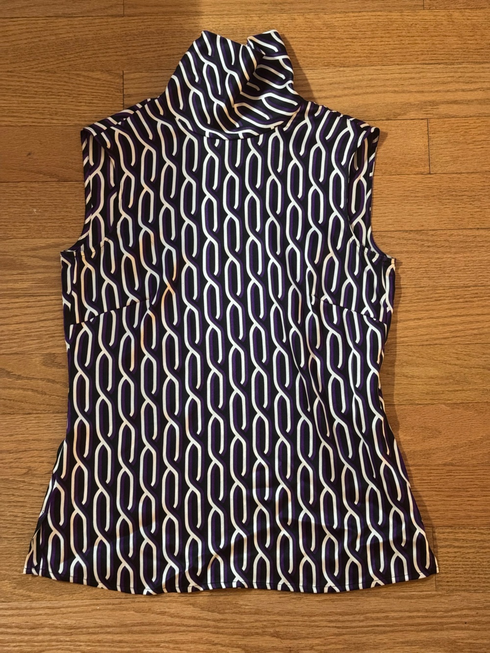 Escada Black, White, and Purple Sleeveless Mock Neck Geometric Tank